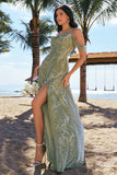 Dusty Sage A Line Cold Shoulder Burnout Velvet Floor Length Dress with Slit