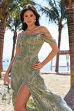 Dusty Sage A Line Cold Shoulder Burnout Velvet Floor Length Dress with Slit