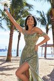 Dusty Sage A Line Cold Shoulder Burnout Velvet Floor Length Dress with Slit
