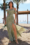 Dusty Sage A Line Cold Shoulder Burnout Velvet Floor Length Dress with Slit