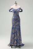 Mermaid Off The Shoulder Ruched Burnout Velvet Grey Blue Long Bridesmaid Dress