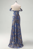 Mermaid Off The Shoulder Ruched Burnout Velvet Grey Blue Long Bridesmaid Dress