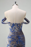 Grey Blue Mermaid Off the Shoulder Corset Long Burnout Velvet Dress
