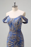 Grey Blue Mermaid Off the Shoulder Corset Long Burnout Velvet Dress