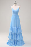 Blue A Line Spaghetti Straps Chiffon Tiered Floor Length Bridesmaid Dress