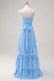 Blue A Line Spaghetti Straps Chiffon Tiered Floor Length Bridesmaid Dress
