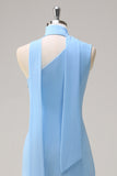 Blue Sheath Chiffon Watteau Train Long Bridesmaid Dress
