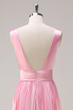 Pink A Line V Neck Ruched Open Back Bright Satin Long Bridesmaid Dress