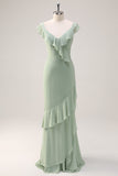 Dusty Sage Sheath V Neck Chiffon Long Bridesmaid Dress with Ruffles