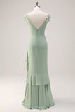 Dusty Sage Sheath V Neck Chiffon Long Bridesmaid Dress with Ruffles