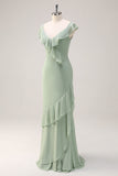 Dusty Sage Sheath V Neck Chiffon Long Bridesmaid Dress with Ruffles