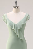 Dusty Sage Sheath V Neck Chiffon Long Bridesmaid Dress with Ruffles
