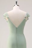 Dusty Sage Sheath V Neck Chiffon Long Bridesmaid Dress with Ruffles