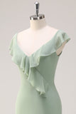 Dusty Sage Sheath V Neck Chiffon Long Bridesmaid Dress with Ruffles