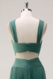 Eucalyptus A-Line Hollow Out Pleated Floor Length Bridesmaid Dress with Slit