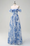 White Blue Flower A-Line Off the Shoulder Long Prom Dress with Slit
