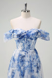 White Blue Flower A-Line Off the Shoulder Long Prom Dress with Slit