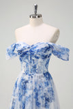 White Blue Flower A-Line Off the Shoulder Long Prom Dress with Slit