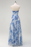White Blue Flower A-Line Off the Shoulder Long Prom Dress with Slit