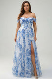 White Blue Floral Plus Size Off the Shoulder A-Line Long Bridesmaid Dress with Slit
