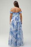 White Blue Floral Plus Size Off the Shoulder A-Line Long Bridesmaid Dress with Slit