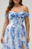 White Blue Floral Plus Size Off the Shoulder A-Line Long Bridesmaid Dress with Slit