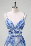 White Blue Flower A-Line Spaghetti Straps Pleated Long Prom Dress