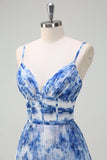 White Blue Flower A-Line Spaghetti Straps Pleated Long Prom Dress