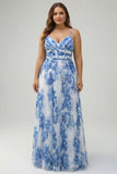 A Line White Blue Flower Spaghetti Straps Pleated Plus Size Long Prom Dress