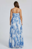A Line White Blue Flower Spaghetti Straps Pleated Plus Size Long Prom Dress