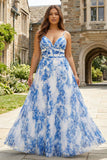 A Line White Blue Flower Spaghetti Straps Pleated Plus Size Long Prom Dress