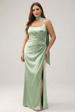 Dusty Sage Sheath Ruched Satin Plus Size Long Bridesmaid Dress with Slit