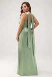 Dusty Sage Sheath Ruched Satin Plus Size Long Bridesmaid Dress with Slit