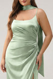 Dusty Sage Sheath Ruched Satin Plus Size Long Bridesmaid Dress with Slit