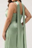 Dusty Sage Sheath Ruched Satin Plus Size Long Bridesmaid Dress with Slit
