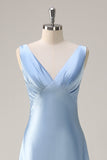 Sky Blue A-Line V Neck Ruched Long Bridesmaid Dress