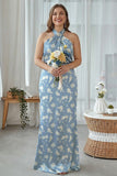 Navy Bloom Halter Sheath Plus Size Floral Long Bridesmaid Dress