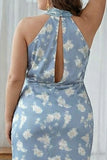 Navy Bloom Halter Sheath Plus Size Floral Long Bridesmaid Dress