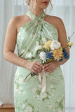 Navy Bloom Halter Sheath Plus Size Floral Long Bridesmaid Dress