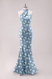 Sage White Flower Mermaid Halter Open Back Floor Length Satin Print Bridesmaid Dress