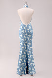 Sage White Flower Mermaid Halter Open Back Floor Length Satin Print Bridesmaid Dress