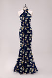 Sage White Flower Mermaid Halter Open Back Floor Length Satin Print Bridesmaid Dress