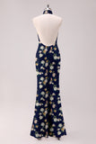 Sage White Flower Mermaid Halter Open Back Floor Length Satin Print Bridesmaid Dress