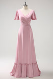 Blush Pink A-Line V Neck Ruffle Sleeves Long Satin Bridesmaid Dress