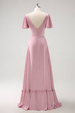 Blush Pink A-Line V Neck Ruffle Sleeves Long Satin Bridesmaid Dress