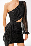 Sequin One Shoulder Tight Little Black Dress