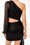 Sequin One Shoulder Tight Little Black Dress