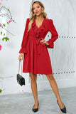 Ruffle Bell Long Sleeves A Line Little Black Dress with Belt