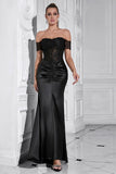 Black Mermaid Off the Shoulder Ruched Long Formal Dress