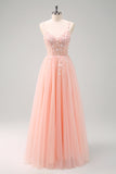 Sparkly Purple A-Line Appliqued Tulle Long Prom Dress with Slit